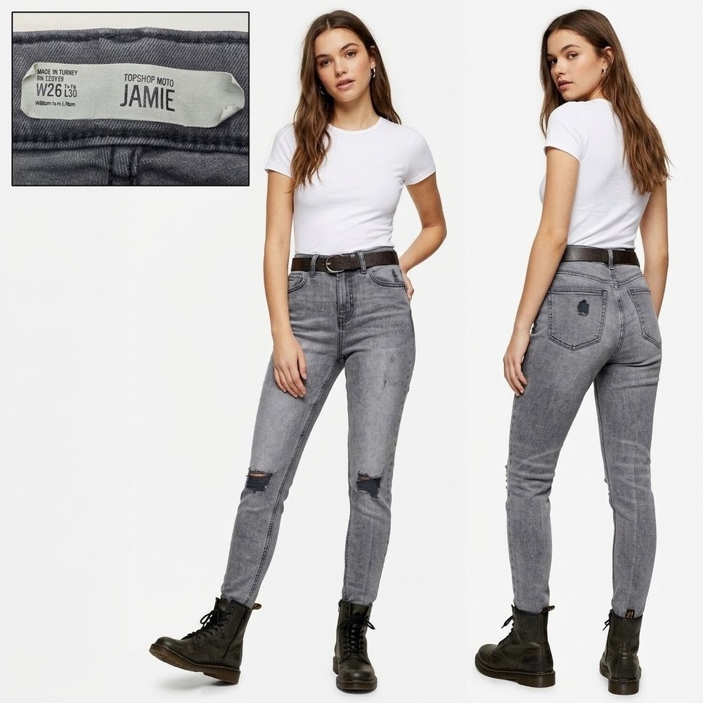 Topshop Jamie Jeans Women W26 L30 Grey High Rise Ripped Knee Skinny Moto Denim